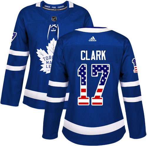 Adidas Maple Leafs #17 Wendel Clark Blue Home Authentic USA Flag Women's Stitched NHL Jersey - Click Image to Close